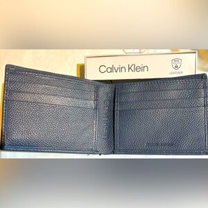 CALVIN KLEIN navy RFID leather wallet, generous compartments, brand new in box